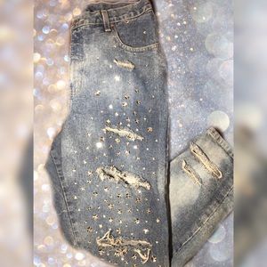 High Waist Hand Embellished Sequin Mom Jeans